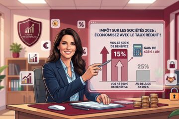 Infographie du cabinet MR Consultis expliquant le taux réduit de l'impôt sur les sociétés (IS) de 15% en 2026 pour les bénéfices jusqu'à 42 500 €